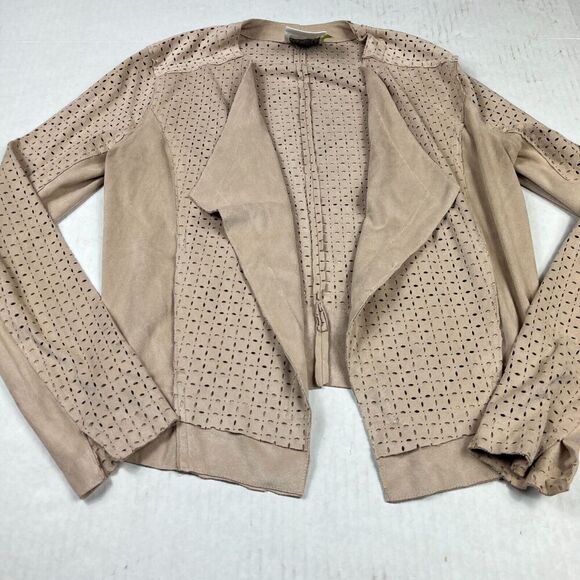 Lysse Womens Faux Suede Moto Jacket Beige Casual Chic Long Sleeve Open Front XS - Picture 2 of 10